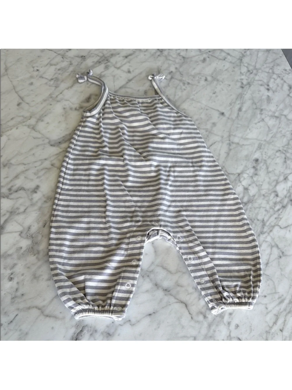 Quincy Mae Gray and White Striped Baby One-Piece Romper